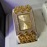 [Brand Name] Damen Uhr Rechteckig mit Strass – Elegante Quarz Armbanduhr in Gold & Silber