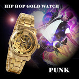 JewelryWe Herren Skelettmechanische Uhr – Goldfarbene Business Uhr mit Edelstahlarmband