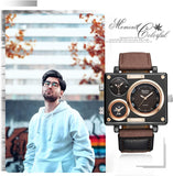 JewelryWe Herrenuhr mit 3 Zeitzonen – Lederarmband, Militär Stil, Quarz Uhr