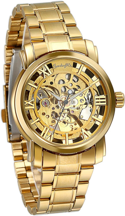 JewelryWe Herren Uhr, Skelettmechanisch, Goldarmband