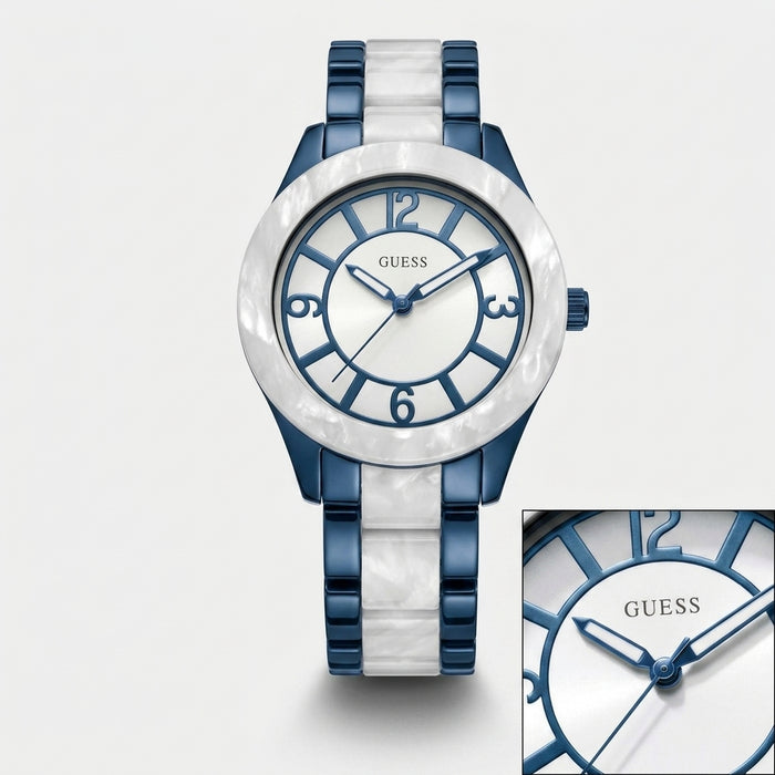 GUESS Damen Uhr Armbanduhr Blau Weiß Perlmutt-Optik Neu mit Etikett Elegent