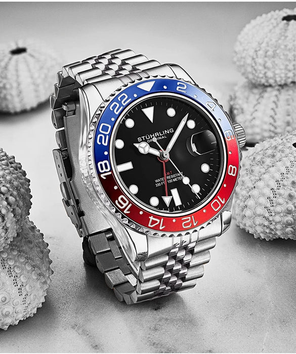 Stuhrling Original Herren GMT Uhr – Edelstahl Jubiläumsarmband, Dual Time Zone