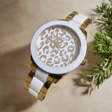 GUESS Damenarmbanduhr W0344L1 – Leopard Look in Gold/Silber/Weiß – Neu