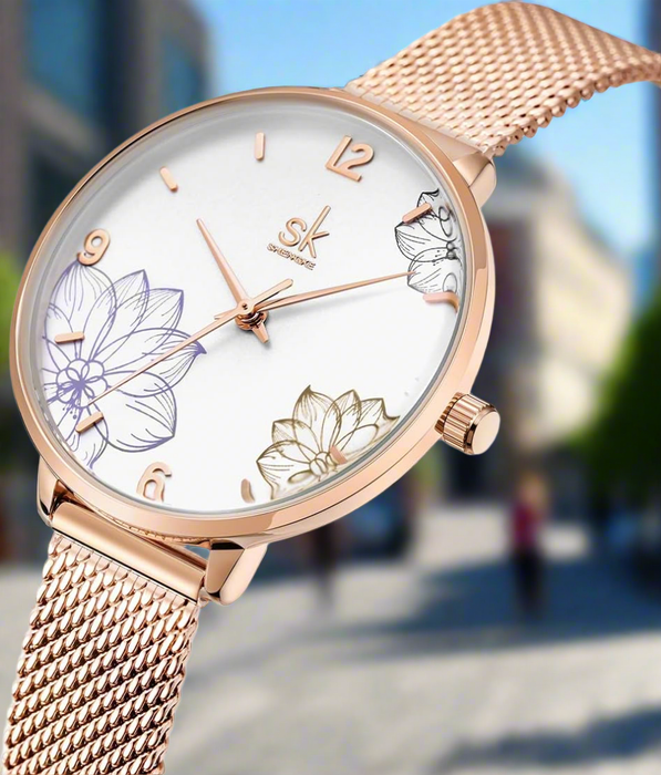 [Brand Name] Damen Uhr Blumenmuster Edelstahlgehäuse