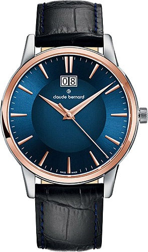 Claude Bernard Damen Uhr Edelstahl & Leder blaues Zifferblatt