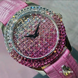 Burgmeister Damenarmbanduhr Regenbogen mit Rosa Lederarmband