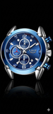 Luxus Herren Uhr Blau Chronograph Edelstahl, blau Leder Armband Neu & OVP Garantie
