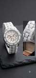Hc Hislon Chronograph Unisex Armbanduhr Weiss Keramik Edelstahl Datum Elegant