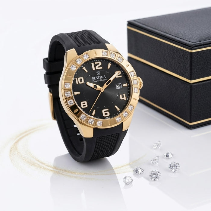 Festina Damenuhr F16582/3 Gold Swarovski Steine 38mm Schwarz Silikon