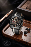 Luxus Chronograph Herrenuhr - Schwarz & Gold - Leder Armband - OVP & 2 Jahre Garantie