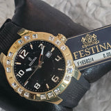 Festina Damenuhr F16582/3 Gold Swarovski Steine 38mm Schwarz Silikon