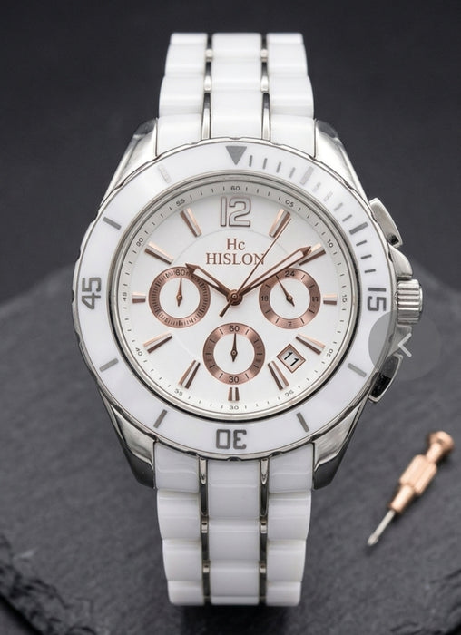 Hc Hislon Chronograph Unisex Armbanduhr Weiss Keramik Edelstahl Datum Elegant