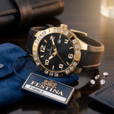Festina Damenuhr F16582/3 Gold Swarovski Steine 38mm Schwarz Silikon