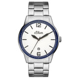 s.Oliver Herrenuhr Edelstahl Armband Silber Weiß Blau - Neu & OVP
