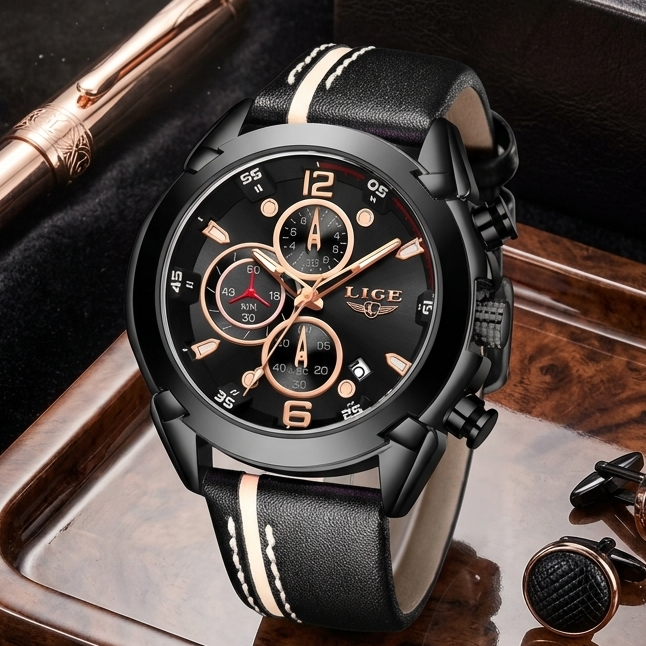 Luxus Chronograph Herrenuhr - Schwarz & Gold - Leder Armband - OVP & 2 Jahre Garantie
