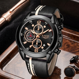 Luxus Chronograph Herrenuhr - Schwarz & Gold - Leder Armband - OVP & 2 Jahre Garantie