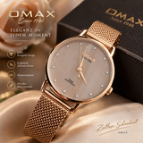 OMAX Damen Armbanduhr Roségold Edelstahl Mesh Armband Strass Neu