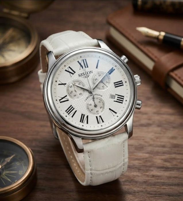 Hislon 1928 Chronograph Herrenuhr Armbanduhr Weiß Römische Ziffern Lederarmband