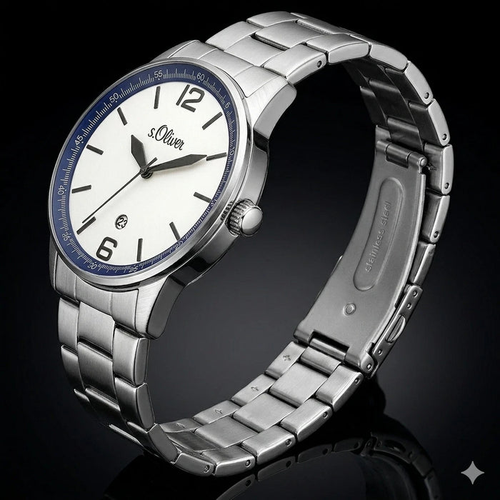 s.Oliver Herrenuhr SO-15162-MQR Armbanduhr Edelstahl Quarz Weiß