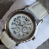 Hislon Edle Damen Armbanduhr Multifunktion Weiß Leder Elegant Uhr Top Zustand