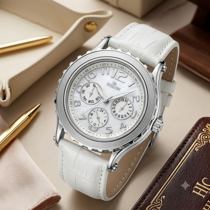 Hislon Edle Damen Armbanduhr Multifunktion Weiß Leder Elegant Uhr Top Zustand
