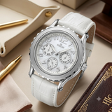 Hislon Edle Damen Armbanduhr Multifunktion Weiß Leder Elegant Uhr Top Zustand