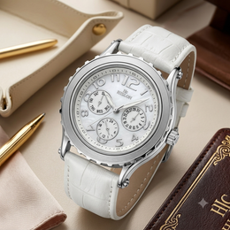Hislon Edle Damen Armbanduhr Multifunktion Weiß Leder Elegant Uhr Top Zustand