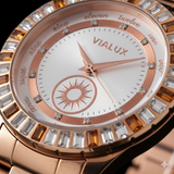 Vialux Damenarmbanduhr Rosegold – Edel mit Baguette-Steinen & Sonnen-Design – NEU OVP