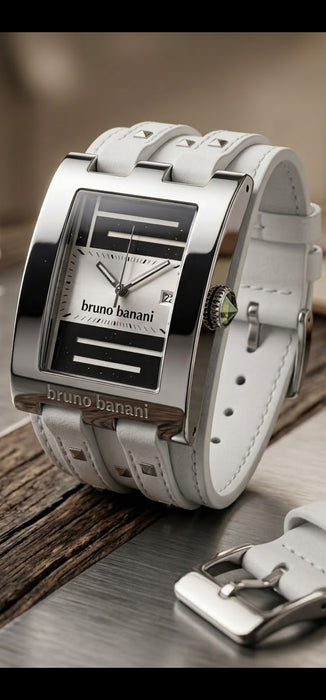 BRUNO BANANI Herren Uhr Weiß Leder Anekdot Datum, OVP Garantie Riemen