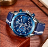 Luxus Herren Uhr Blau Chronograph Edelstahl, blau Leder Armband Neu & OVP Garantie
