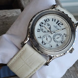 Hislon Edle Damen Armbanduhr Multifunktion Weiß Leder Elegant Uhr Top Zustand