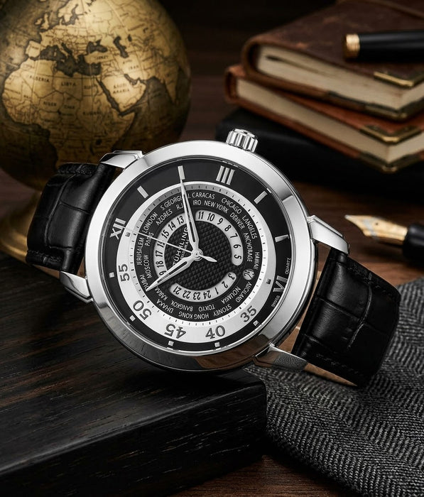 Stuhrling Original World Traveler 118B Herrenuhr Quarz 46mm Schwarz Neu OVP