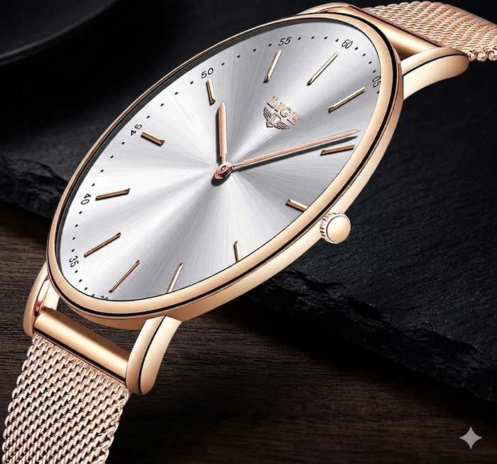 Luxus Herrenuhr Roségold Weiß – Ultra-Dünn – Edelstahl Mesh – NEU & OVP