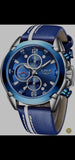 Luxus Herren Uhr Blau Chronograph Edelstahl, blau Leder Armband Neu & OVP Garantie