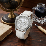 Hislon Edle Damen Armbanduhr Multifunktion Weiß Leder Elegant Uhr Top Zustand