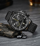 Stührling Original Volda 929 Aviator Chronograph Herrenuhr Schwarz Leder 45mm