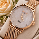 OMAX Damen Armbanduhr Roségold Edelstahl Mesh Armband Strass Neu