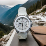 HISLON Multifunktional 39mm Damenuhr mit weißes Lederarmband
