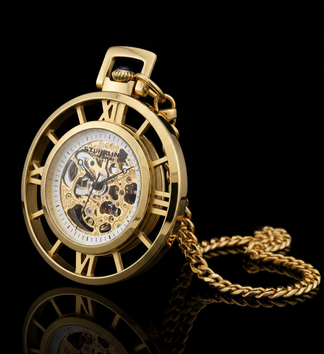 Stührling Ancestor 713 Mechanische Taschenuhr Gold Skelett - Neuwertig)