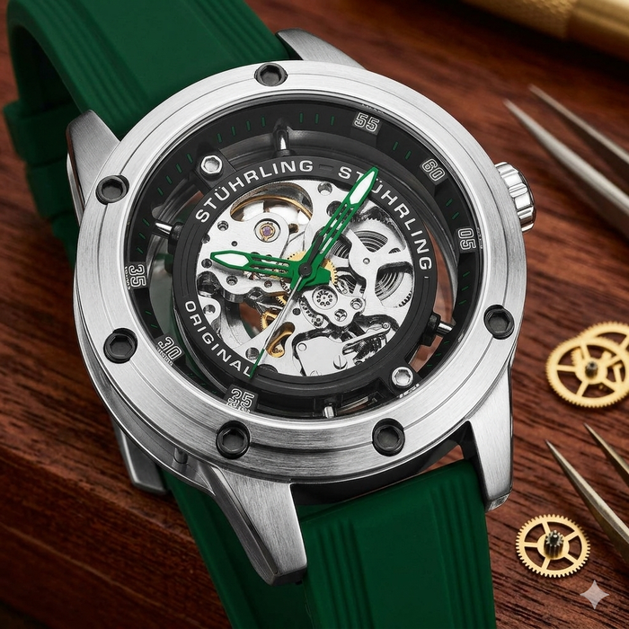 Stuhrling Original Prestige Herrenuhr Automatik Skelett-Uhr 50mm - Grün/Silber