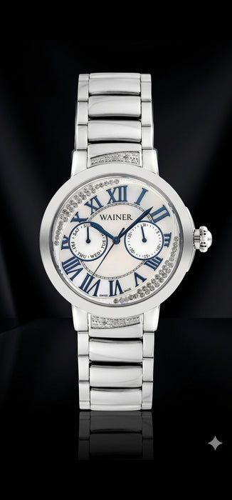 Wainer Swiss Made Damenuhr Edelstahl Silber Blau Zirkonia Neu OVP 2 Jahre Garantie