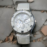 HISLON 3130 Multifunktional 36mm Damenuhr mit weißes Lederarmband