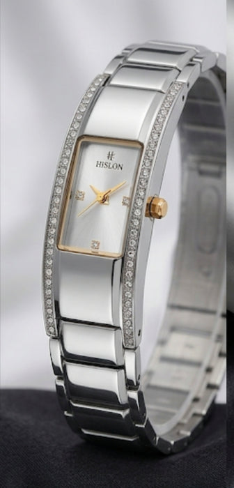 Hislon Damenuhr Silber Kristall Armbanduhr Neu mit OVP Quartz Zirkonia Eleganter