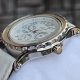 Hislon Edle Damen Armbanduhr Multifunktion Weiß Leder Elegant Uhr Top Zustand