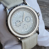Hislon Edle Damen Armbanduhr Multifunktion Weiß Leder Elegant Uhr Top Zustand