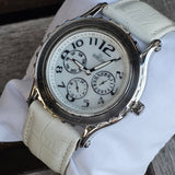 Hislon Edle Damen Armbanduhr Multifunktion Weiß Leder Elegant Uhr Top Zustand