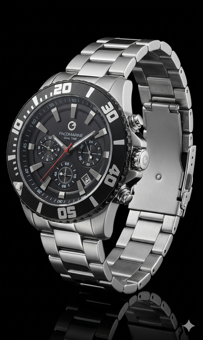Pacomarine Dual Time Chronograph Herren Armbanduhr Schwarz Silber NEU