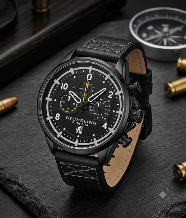 Stührling Original Volda 929 Aviator Chronograph Herrenuhr Schwarz Leder 45mm
