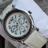 Hislon Edle Damen Armbanduhr Multifunktion Weiß Leder Elegant Uhr Top Zustand