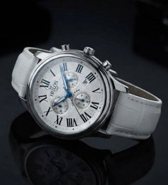 Hislon Chronograph Herrenuhr Armbanduhr Weiß Römische Ziffern Lederarmband Özen Saat